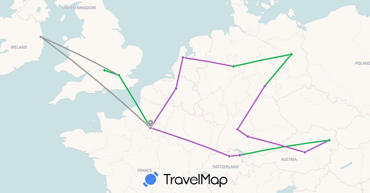 TravelMap itinerary: driving, bus, plane, train in Austria, Belgium, Switzerland, Germany, France, United Kingdom, Ireland, Netherlands (Europe)